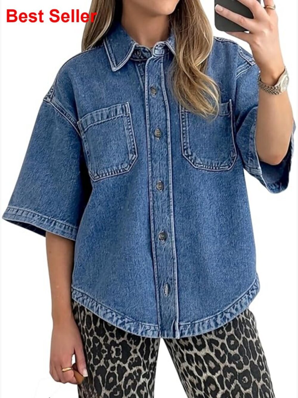 Women's Crop Denim Button Down Shirt Short Sleeve Casual Blouse